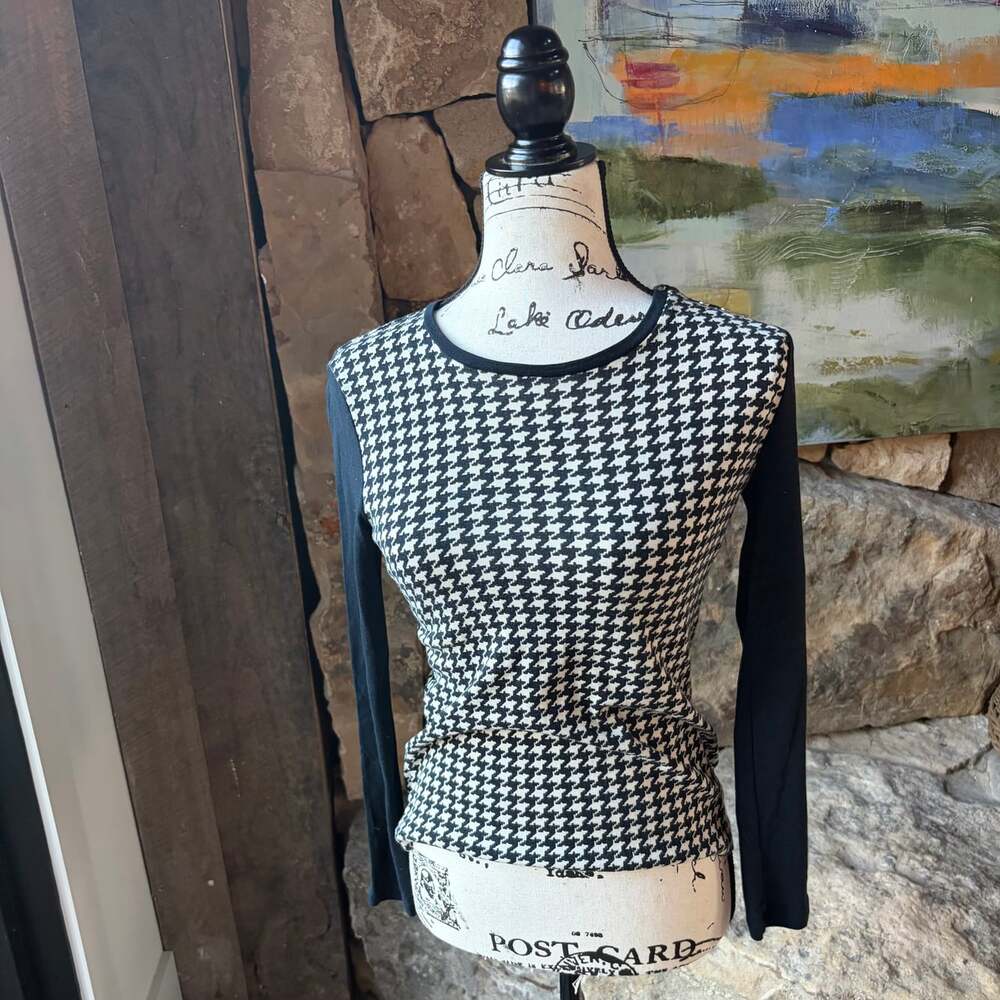 Lauren Ralph Lauren Houndstooth Long Sleeve Cotton Top Black Ivory Size Small